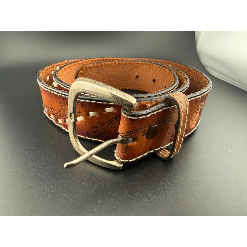 Vintage Mens Brown Tooled Leather Western Belt Floral Whipstitch Size 38 2224